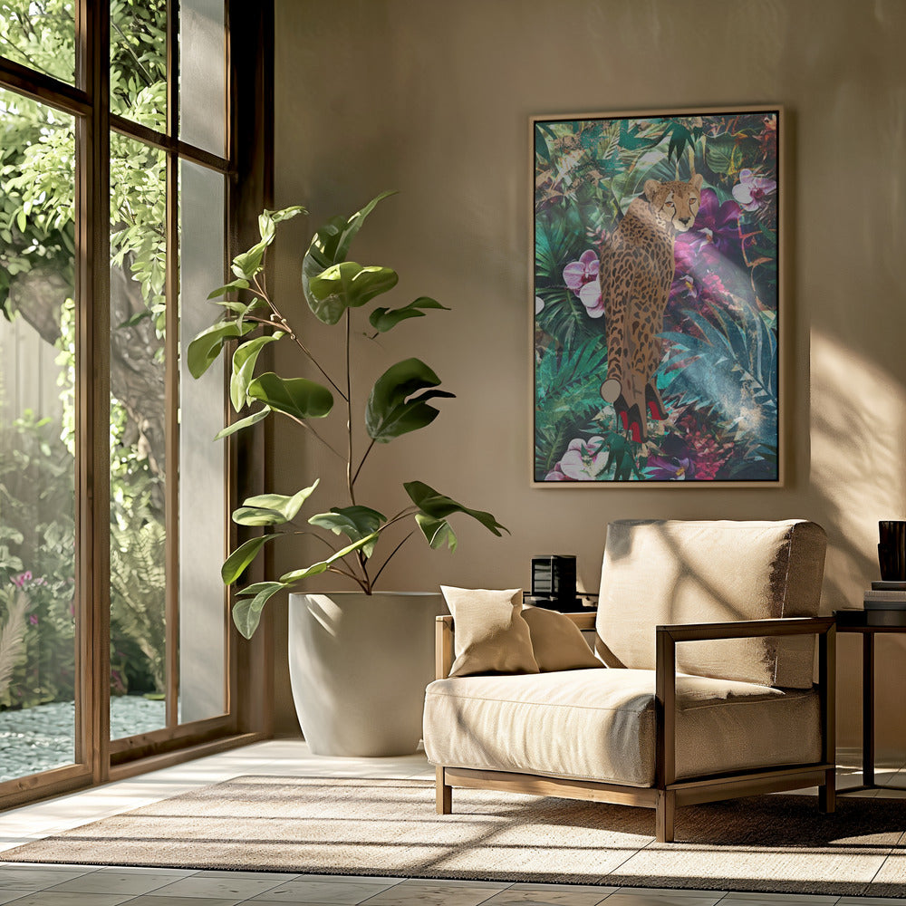 Tropische bloemenjungle - Cheetah op hakken | Poster