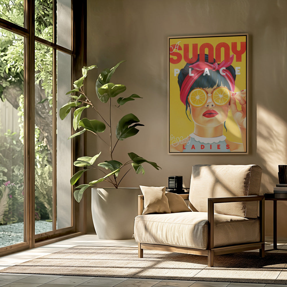 Een zonnige plek voor louche dames - oranje pinupkunst | poster