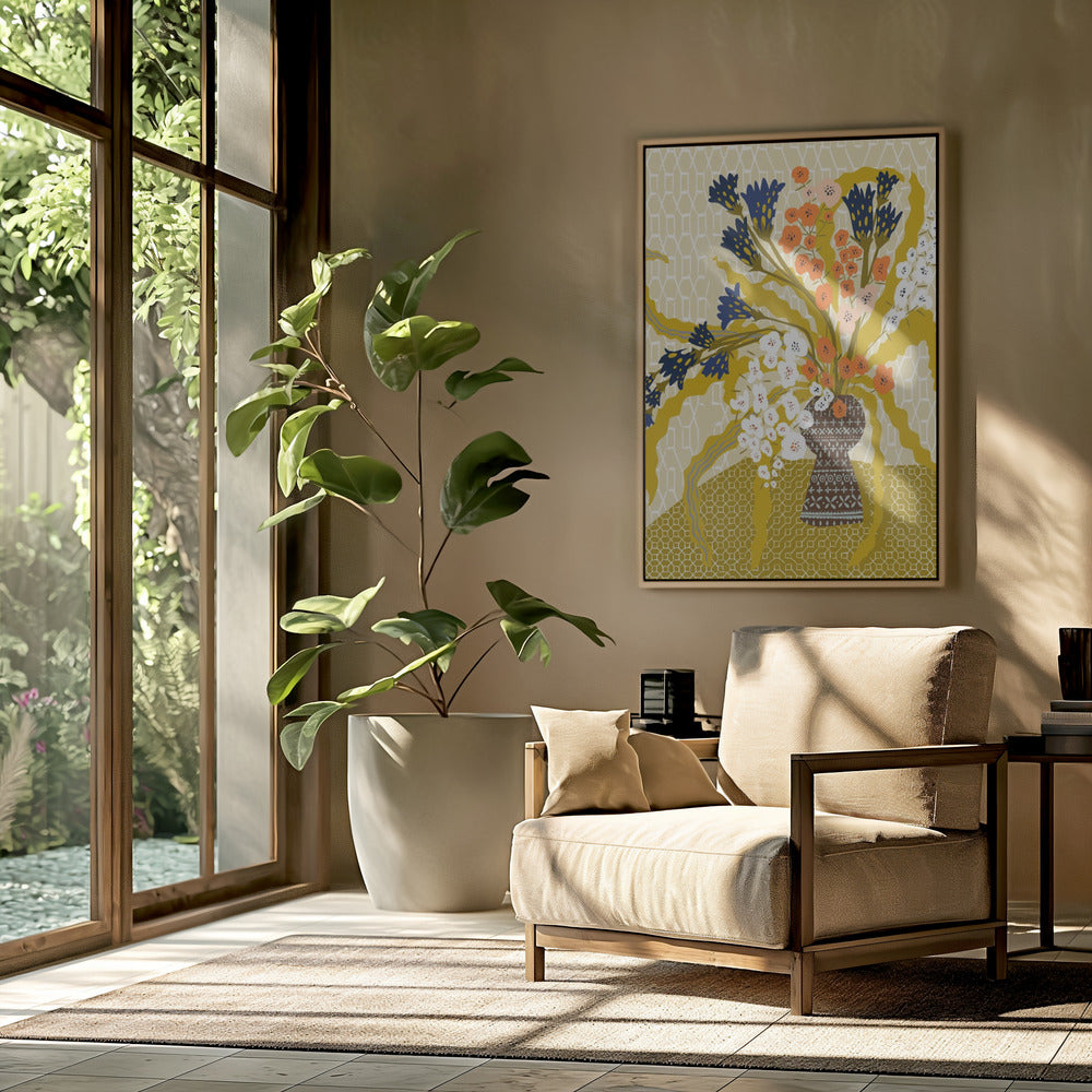 Bloemen hedendaags stilleven mosterdgeel | Poster
