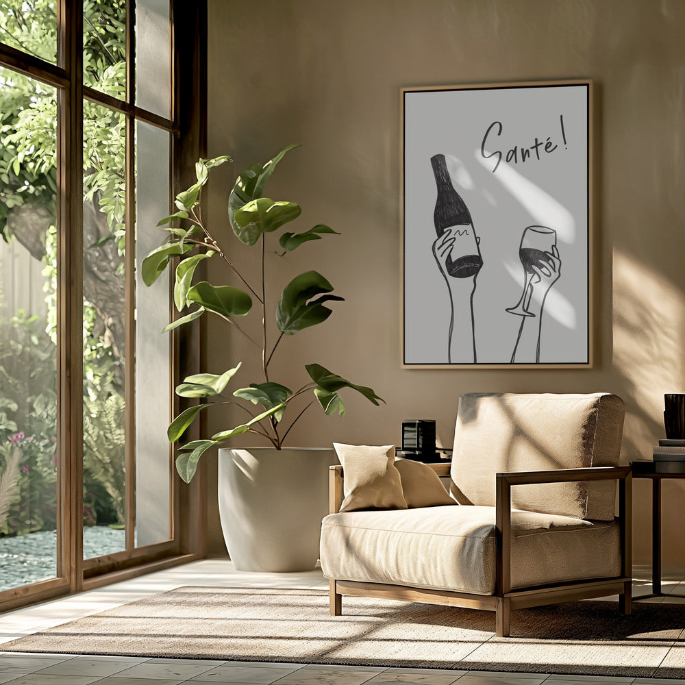 Hands holding a wine bottle and a wine glass with the text "Cheers!" in French | Poster