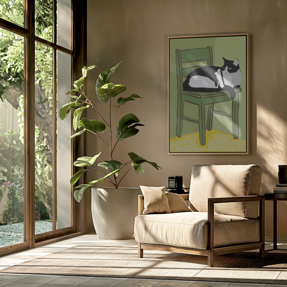Tuxedo cat sitting on chair | Poster
