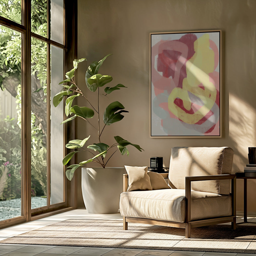 Abstract schilderij in pastel. Geel, rood en grijs. | Poster