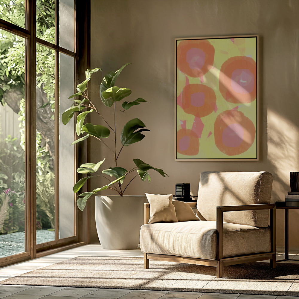 Abstract schilderij. Boho rozen in oranje en roze op geel. | Poster