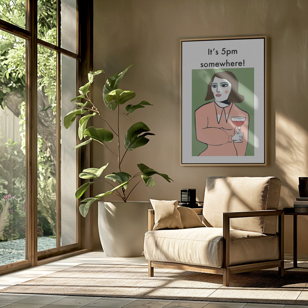 Het is ergens 17.00 uur - Humorvrouw drinkt wijn | Poster