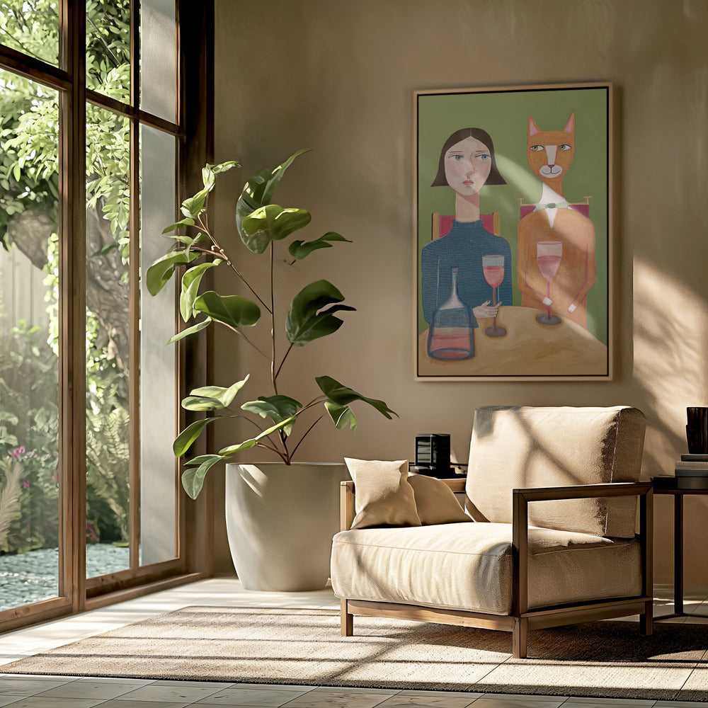 Dame en kat drinken wijn | Poster