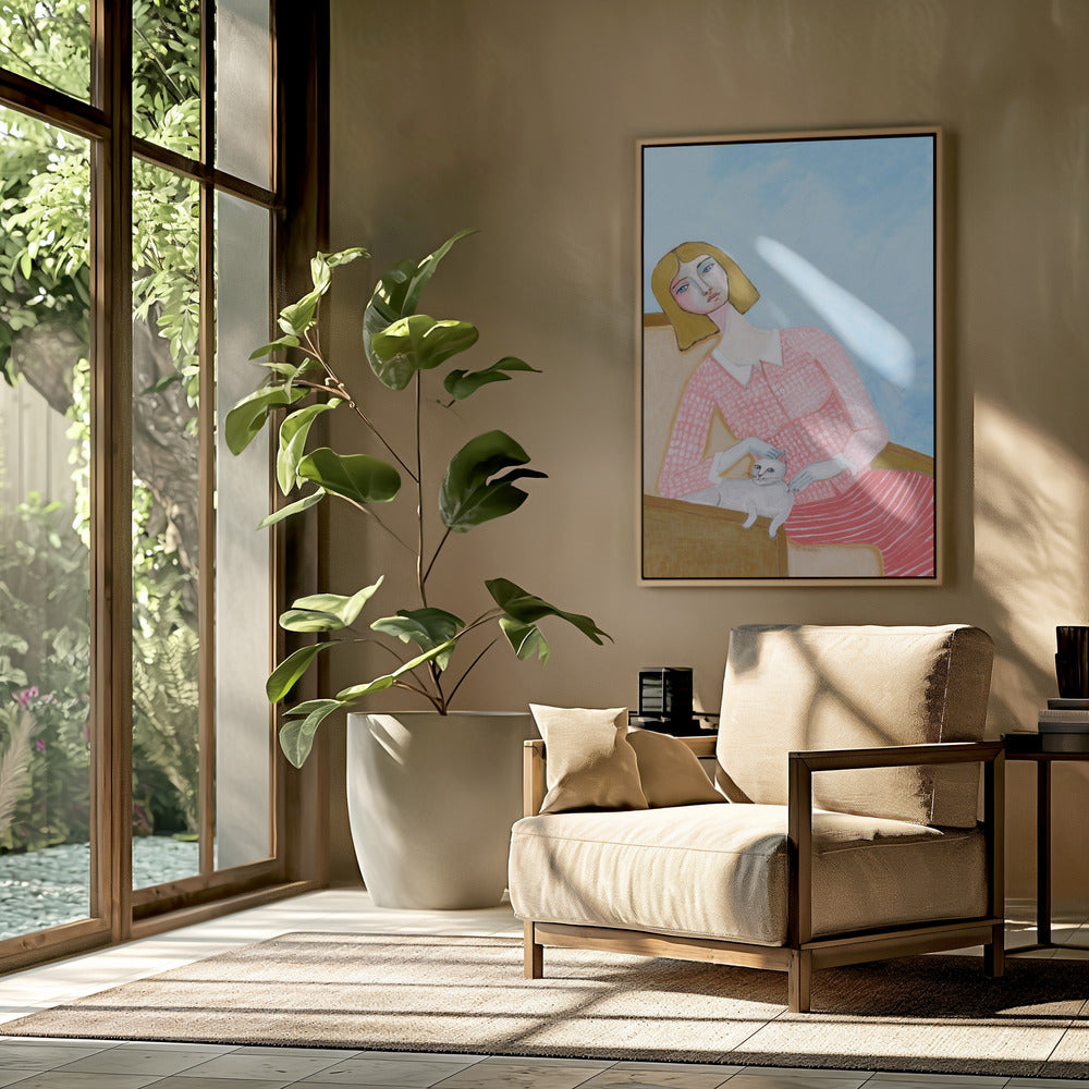 Dame met witte kat | Poster