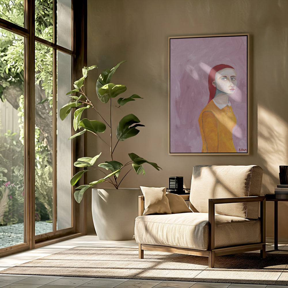 Dame in de gele jurk en roze achtergrond | Poster