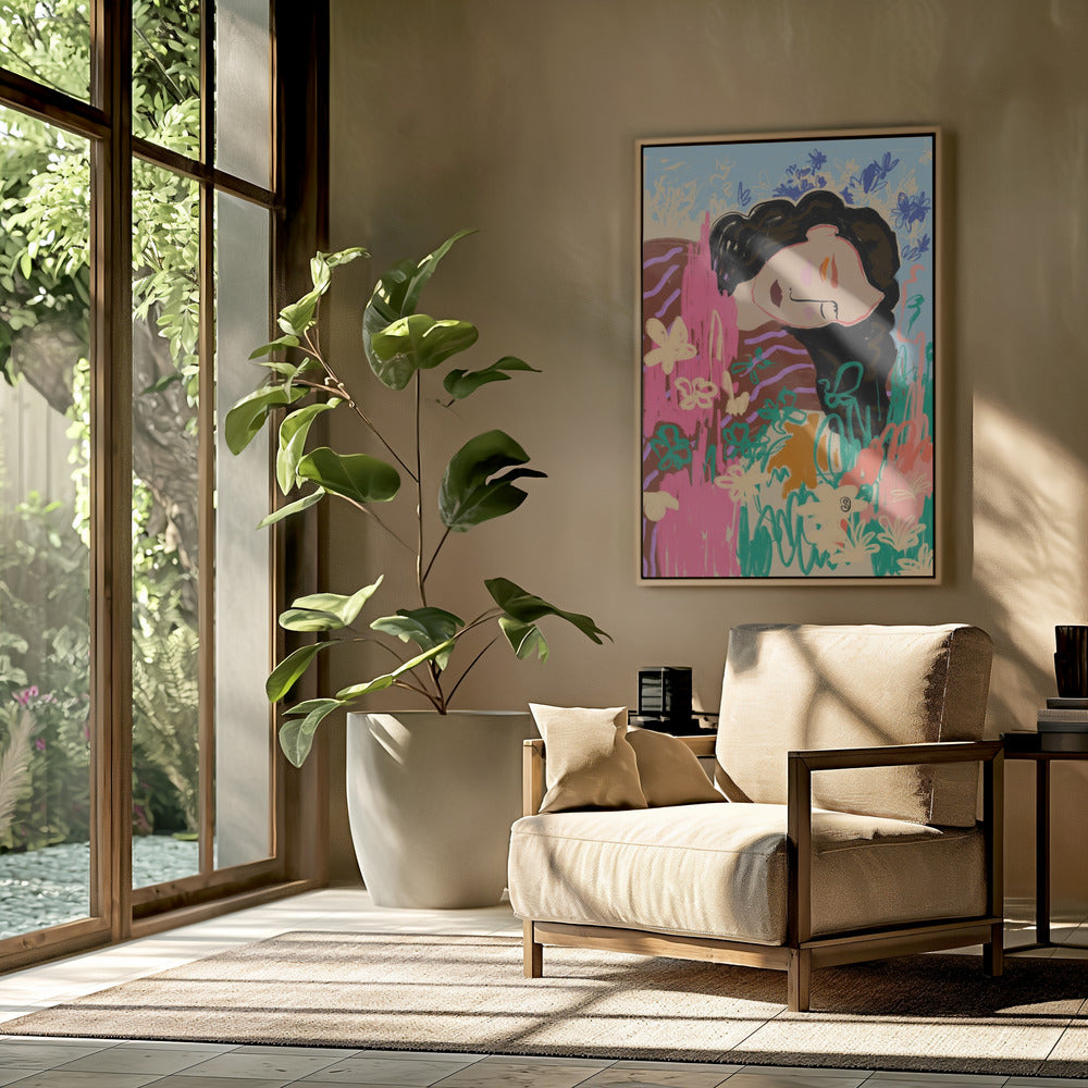 Expressieve figuur omringd door kleurrijke bloemen | Poster