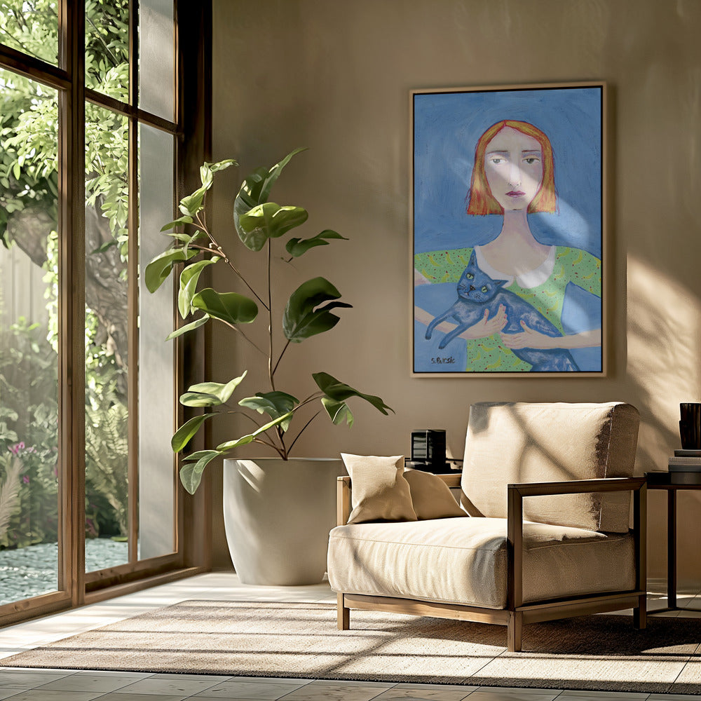 Dame met de blauwe kat | Poster