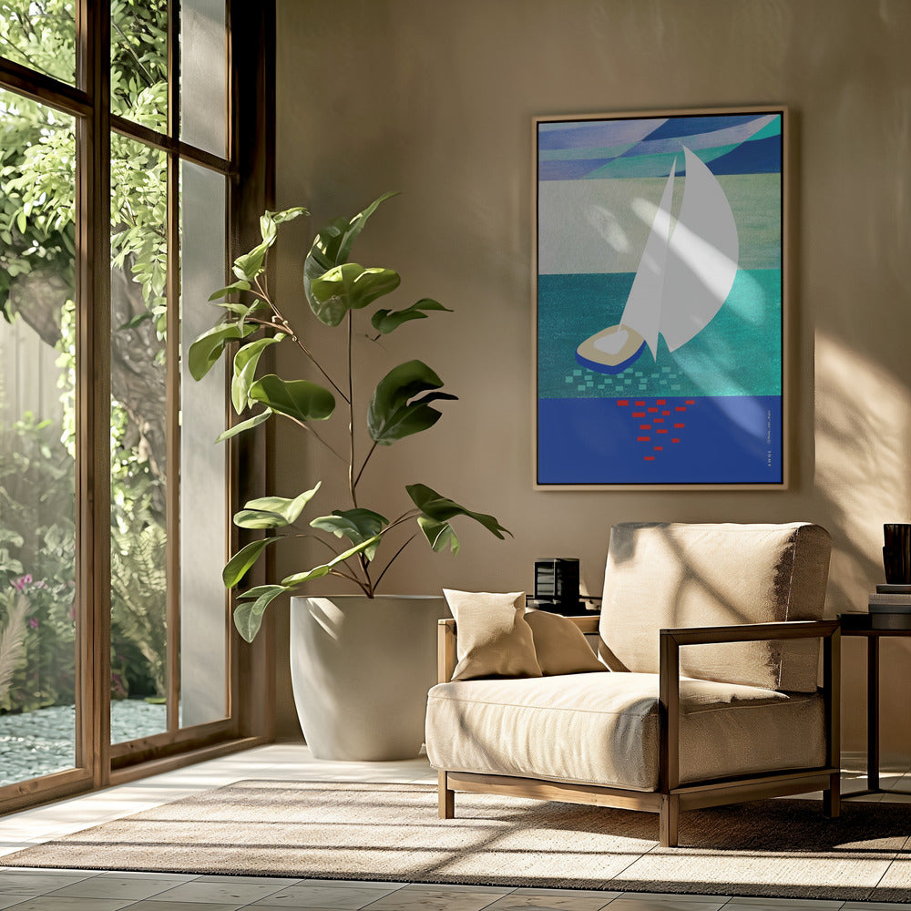 Witte zeilboot met reflecties, abstracte zeekunst met grafische strepen | Poster
