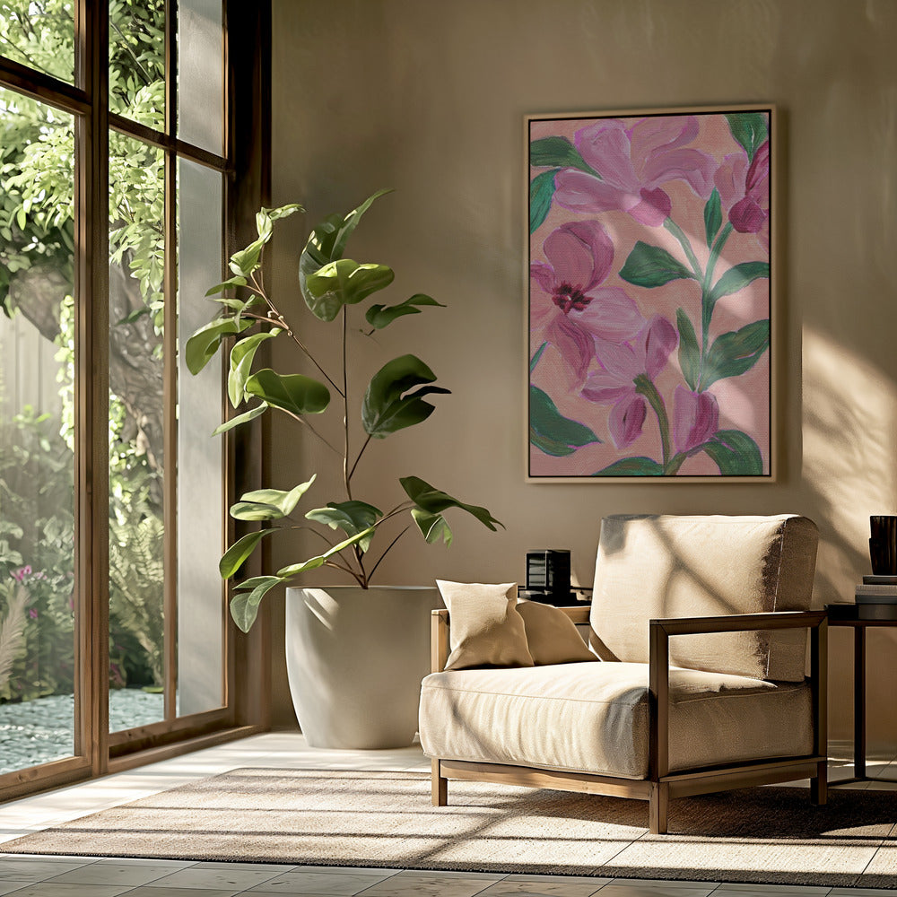 Roze bloemen met opvallende groene bladeren | Poster
