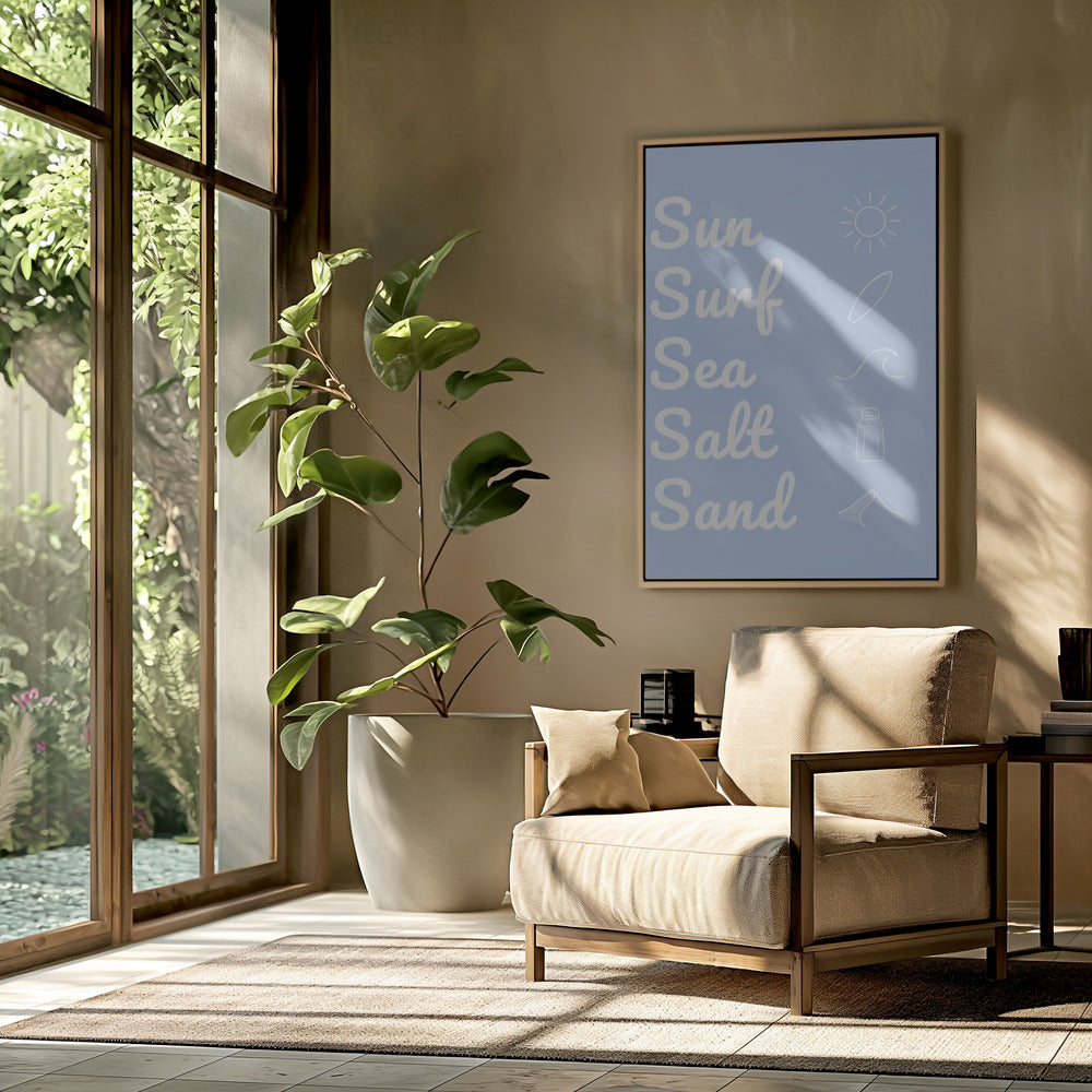 Zon, surf, zeezout, zand, lichtblauw | Poster