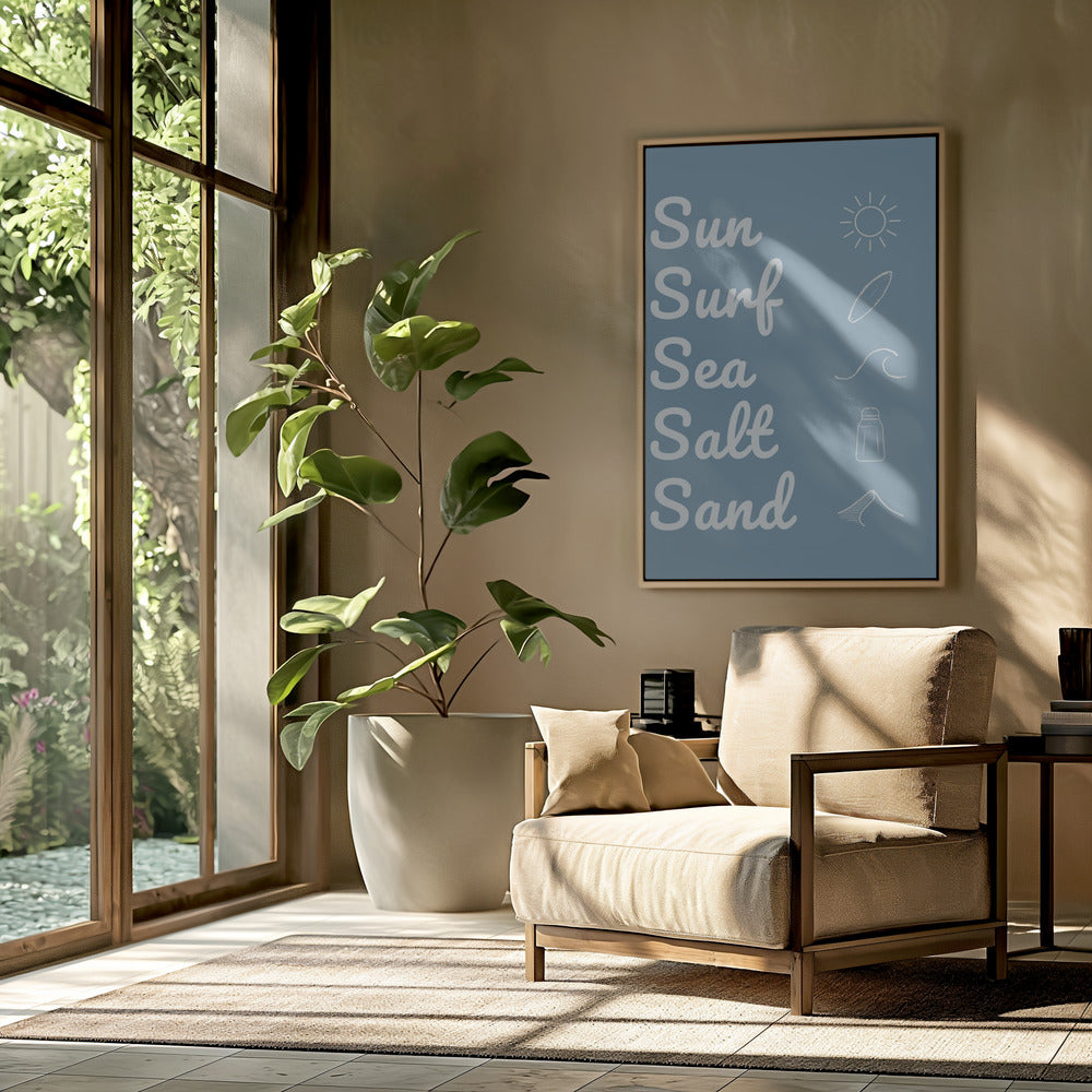 Zon, surf, zeezout, zand, donkerblauw | Poster