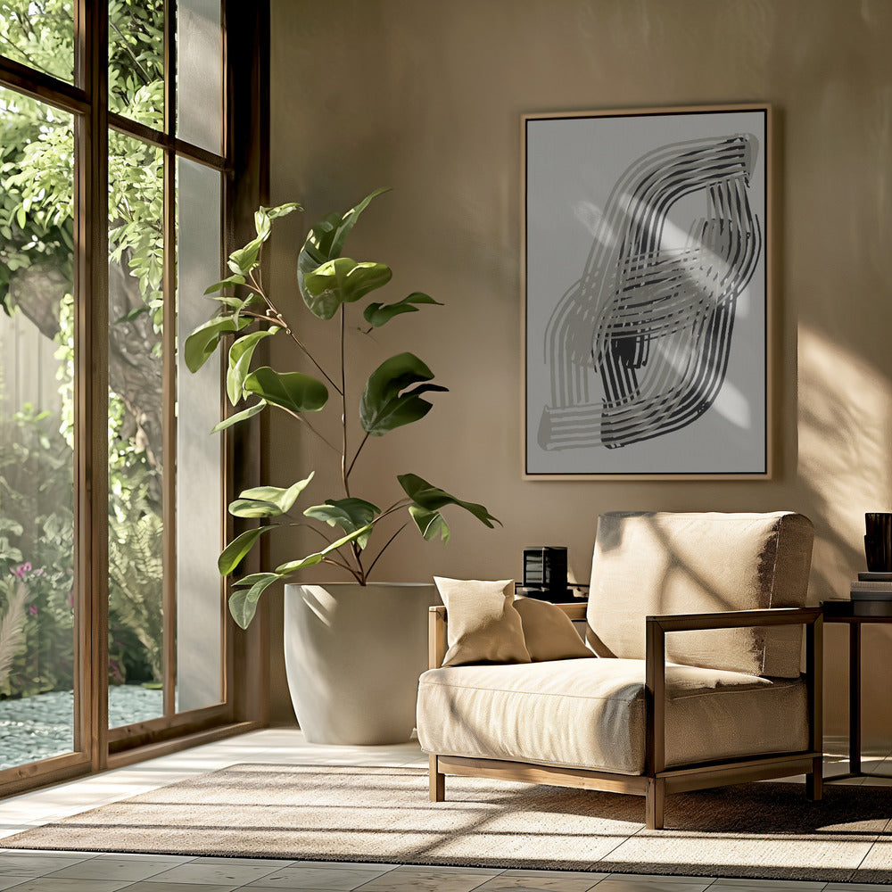 Abstracte curven in grijs en zwart | Poster