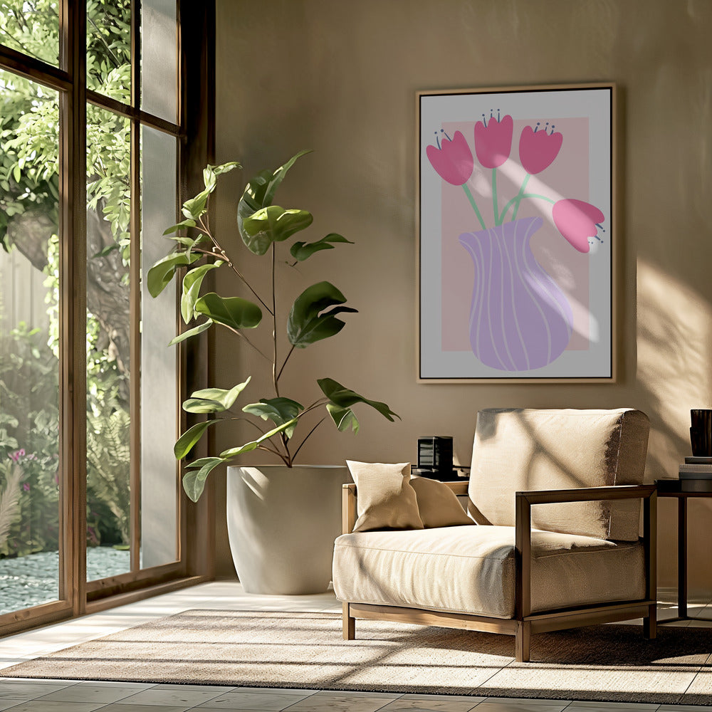 Levendige tulpen in een gestreepte lavendelvaas | Poster