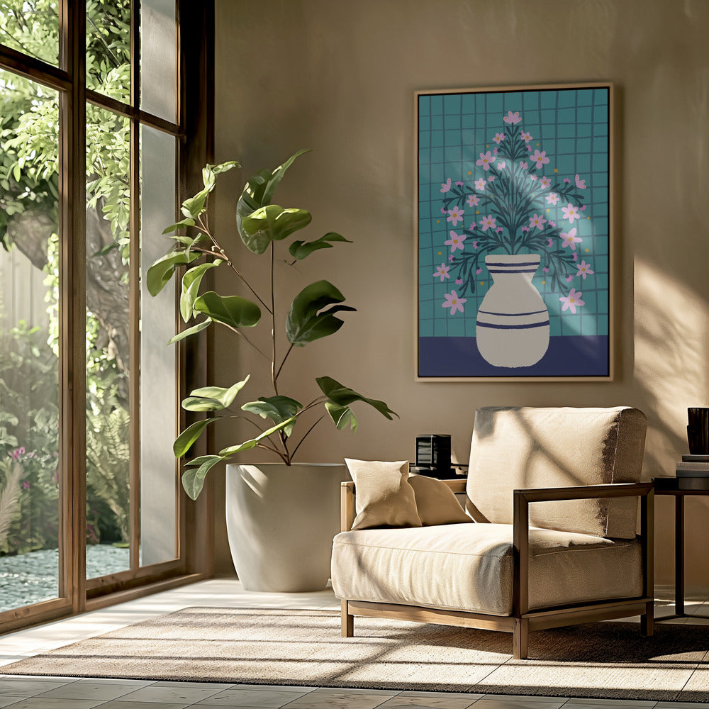 Turquoise bloemen in een vaas | Poster