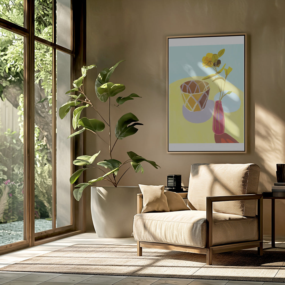 Gele bloemen in een rode pot | Poster