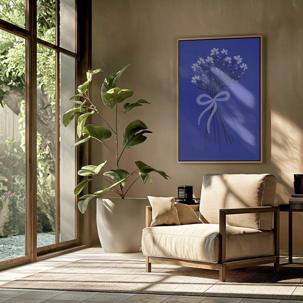 Bloemenboeket met strik - monochroom blauw | Poster