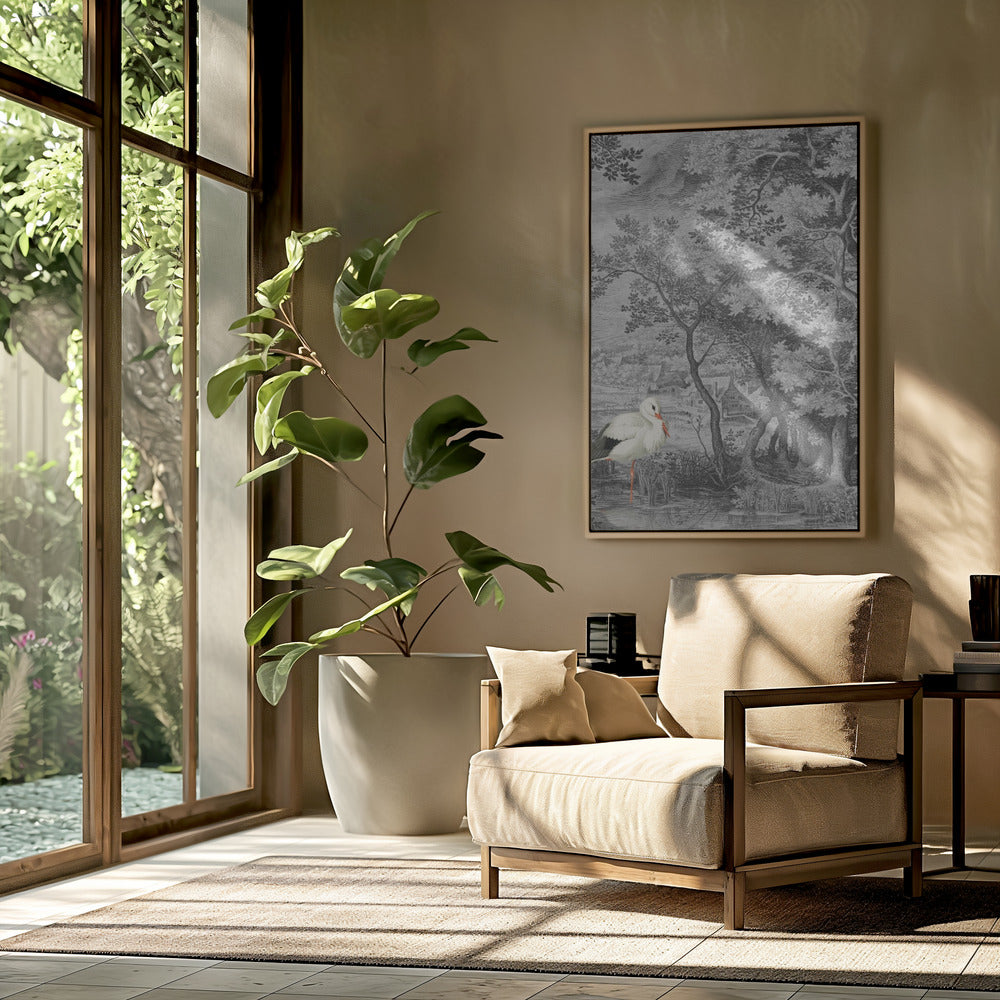 Vintage landschap met ooievaar | Poster