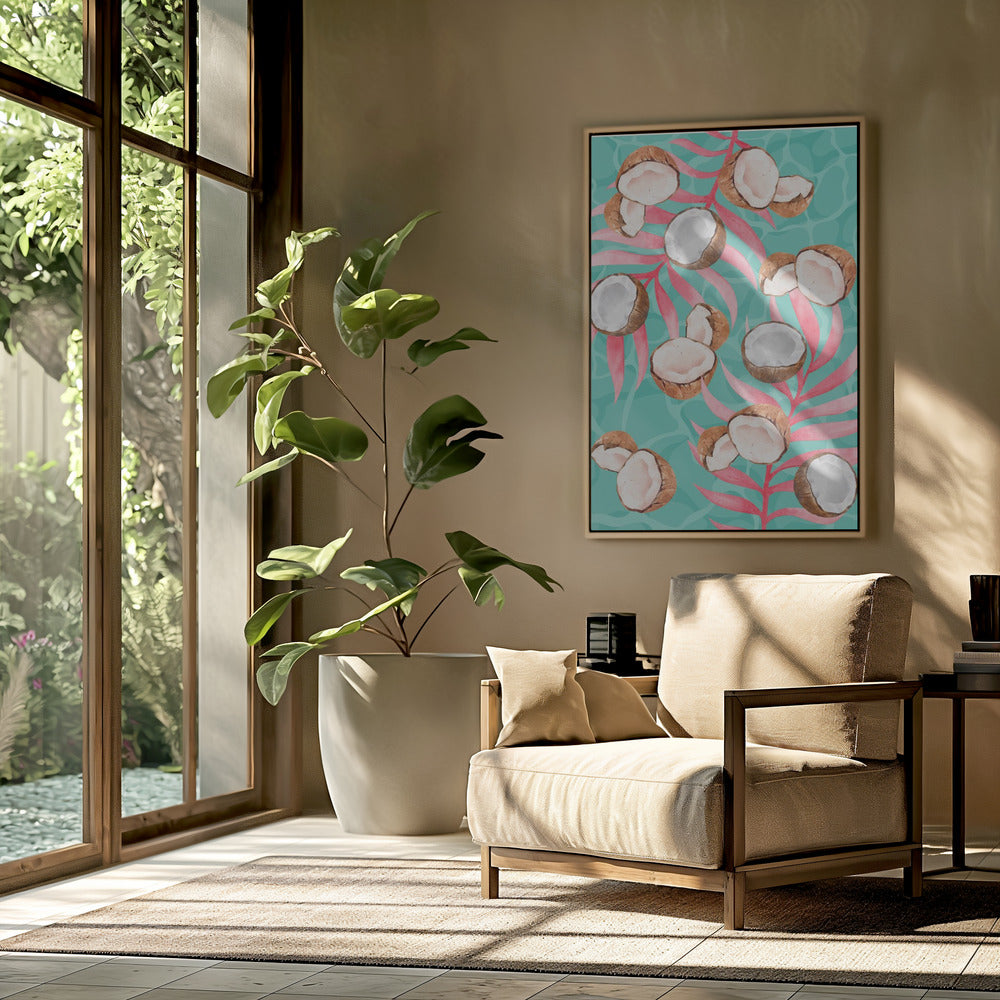 Pink Tropical Coconut & Palm Leaves Aesthetic Pattern - Modern watercolor | Poster
