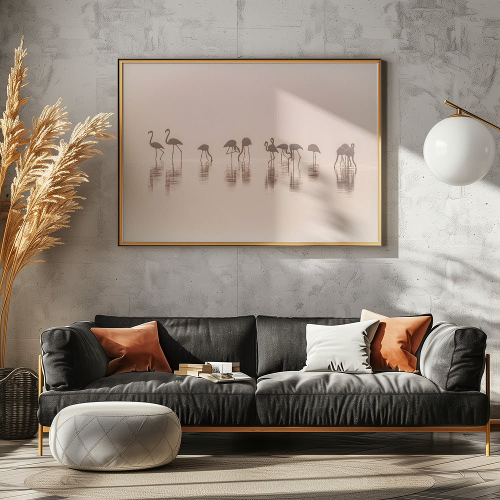 Flamingo's in de mist | Canvas