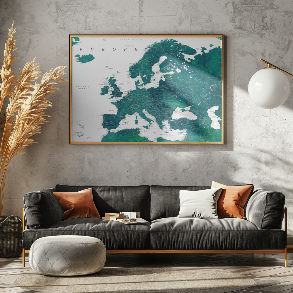 Blauwe gedetailleerde kaart van Europa | Canvas