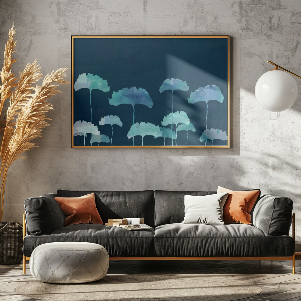 Blauwe bloemensilhouet | Poster