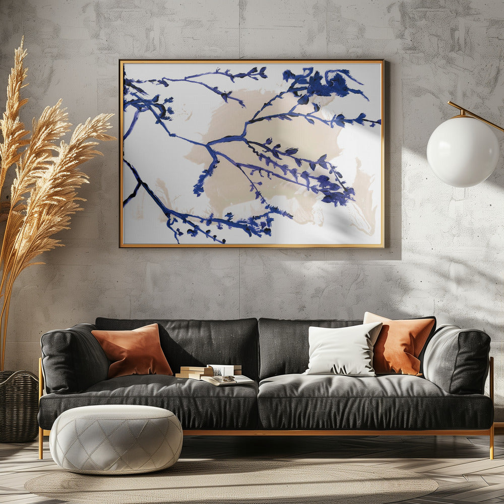 Marineblauwe bloesems op boomtakken | Canvas