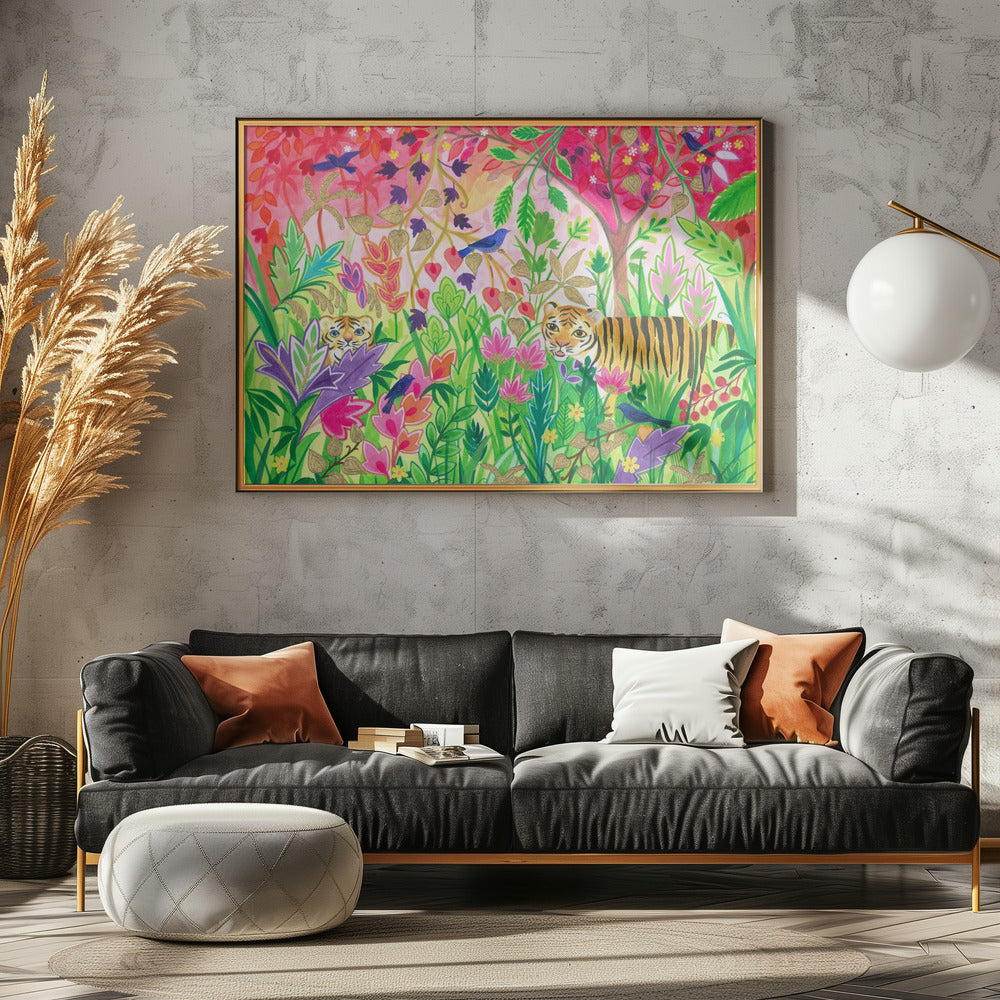 Jungle schilderij met weelderig gebladerte en exotische dieren | Canvas