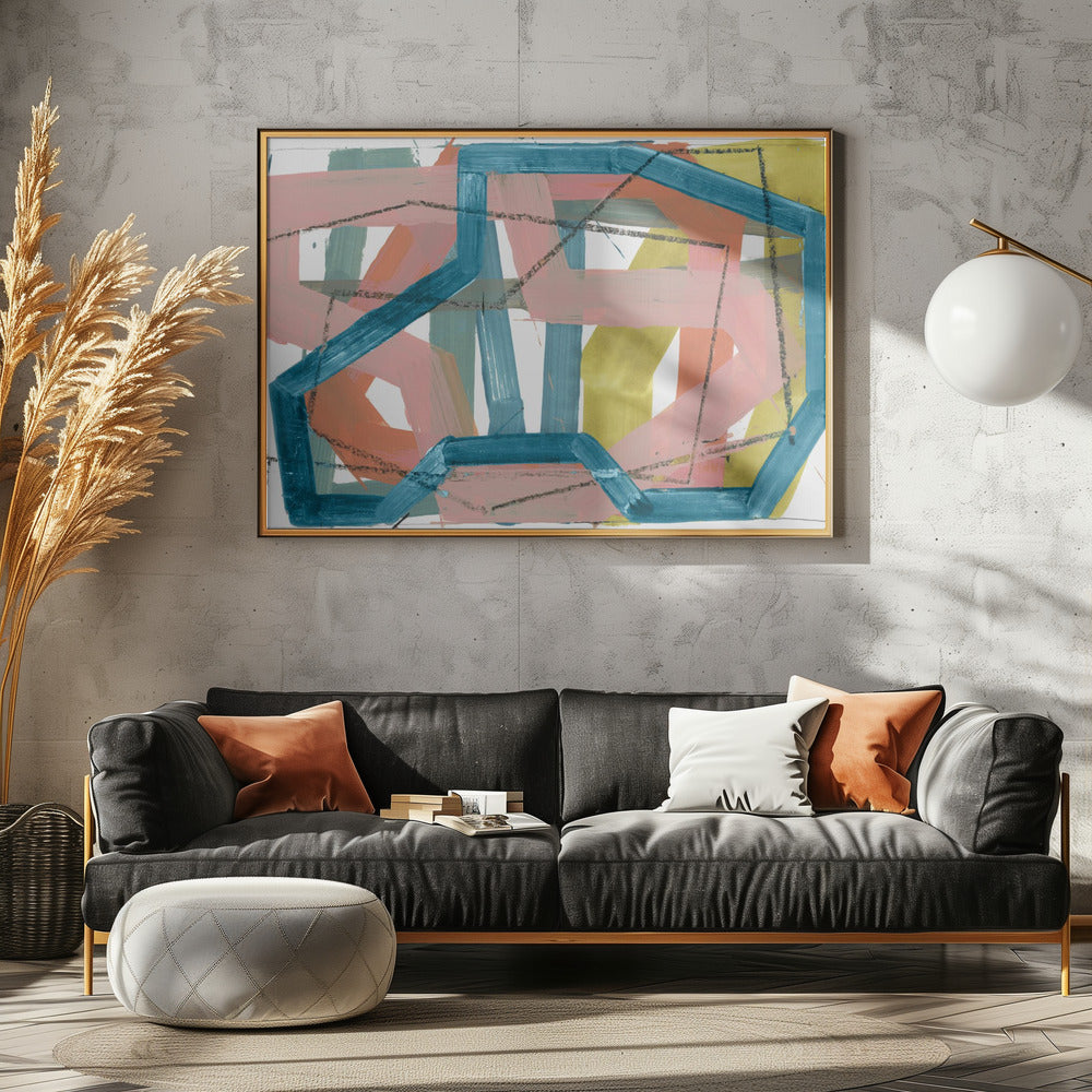 Blauwe en roze abstracte lijnen kunstdruk | Canvas