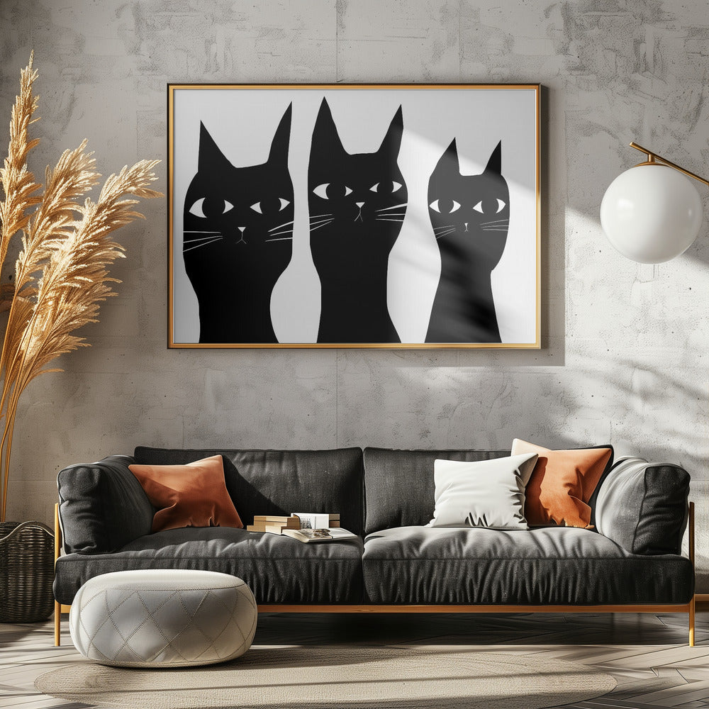 Drie zwarte katten kijken kat | Canvas