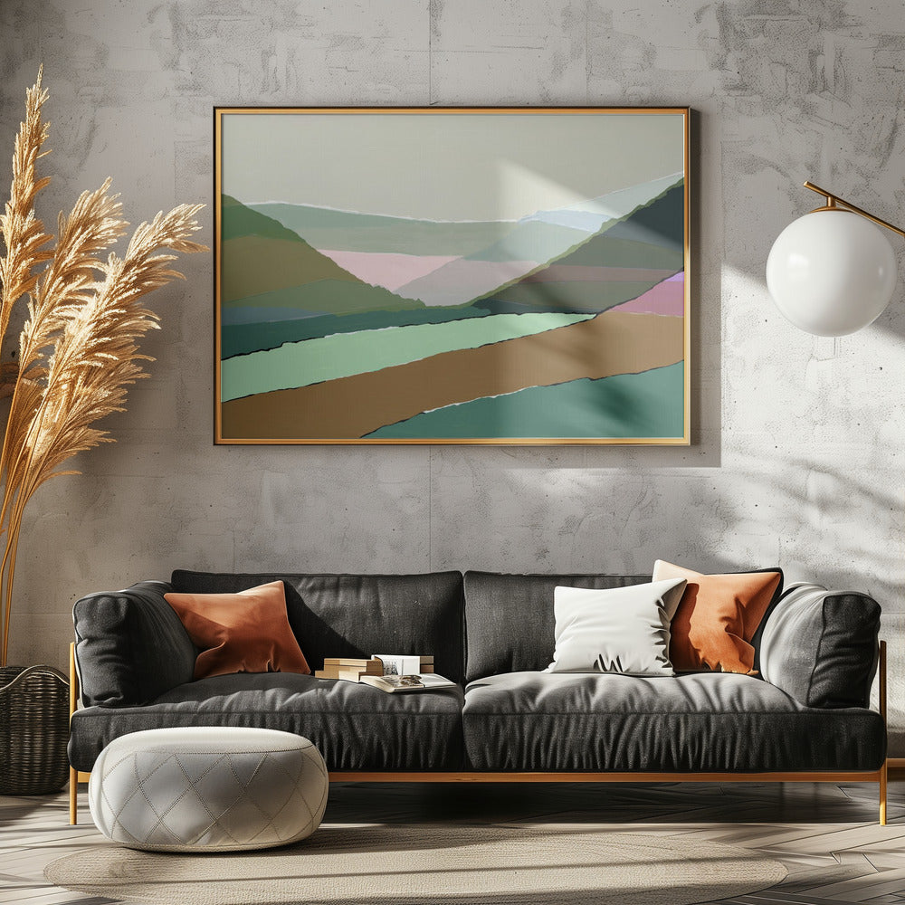 Gelaagde bergen en valleien in gedempte aardse tinten | Canvas