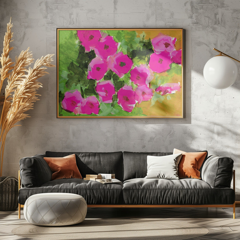Levendige roze bloemen en weelderige groene bladeren | Canvas