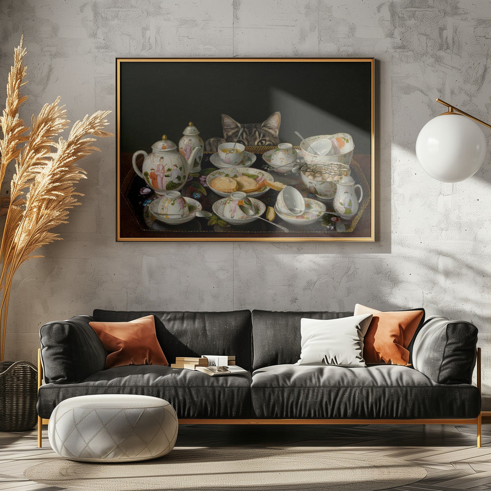 Een theeservies met een kat | Canvas