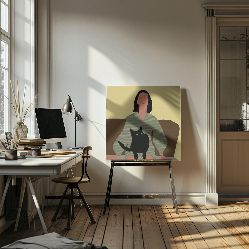 Dame zittend met zwarte kat. | Canvas
