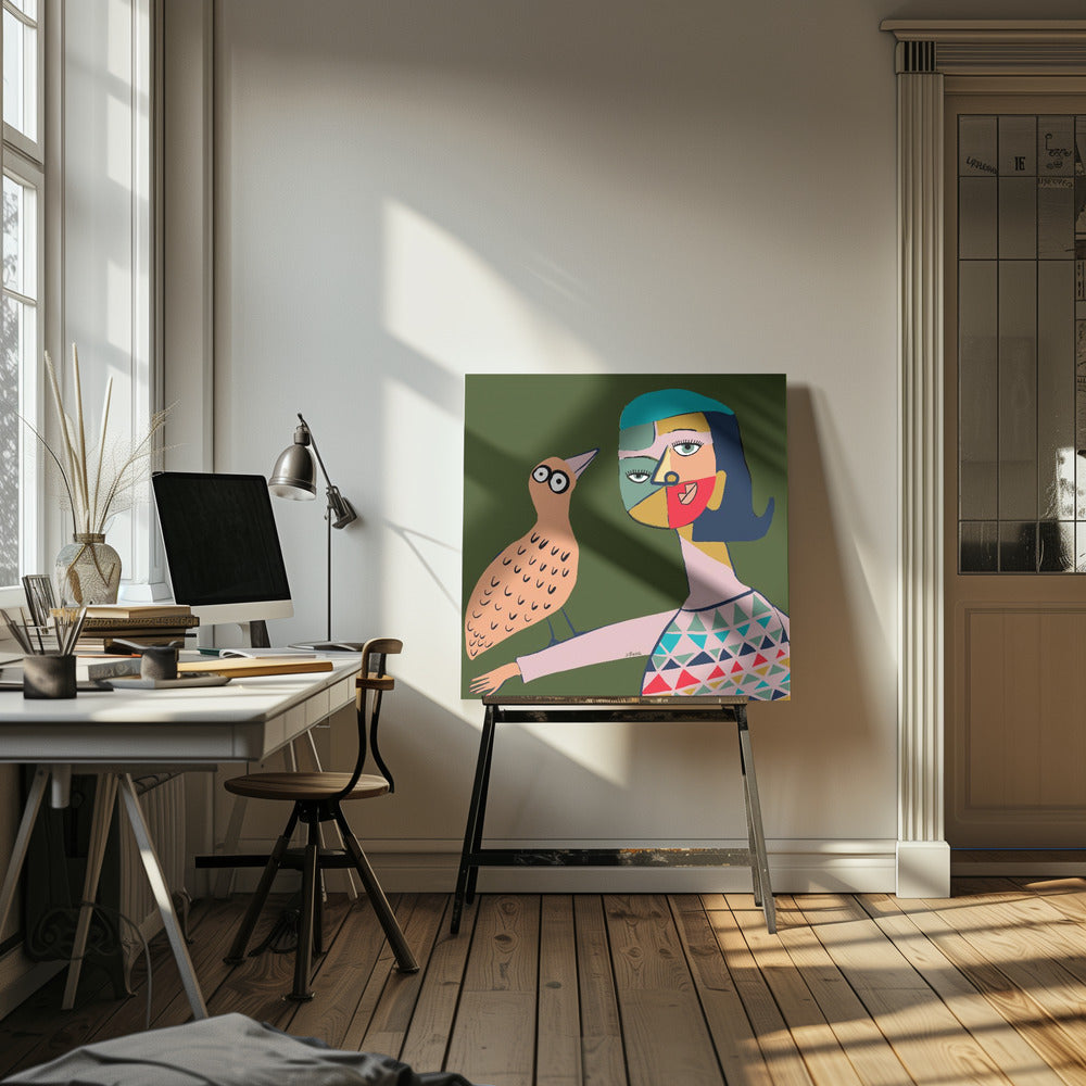 Dame met vogel | Canvas