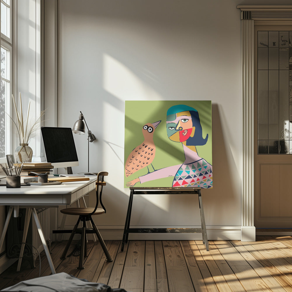 Dame met vogel | Canvas