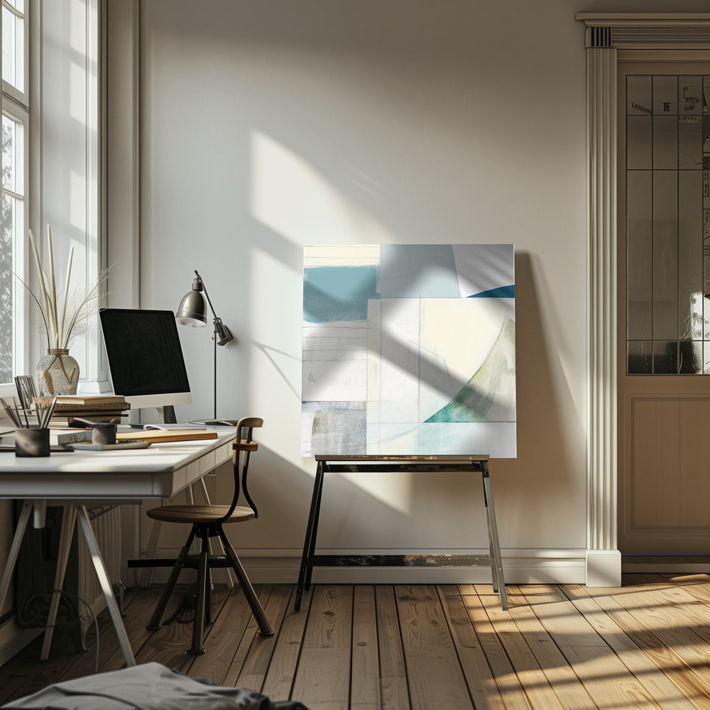 Abstracte blauwe en witte vormen neutraal nr. 1 print | Canvas