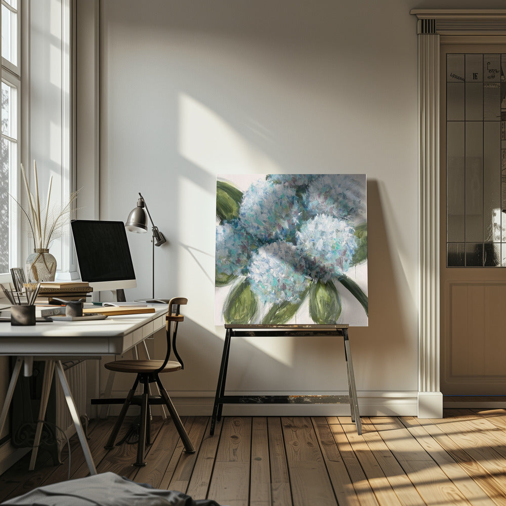 Blauwe hortensia's met groene bladeren | Canvas