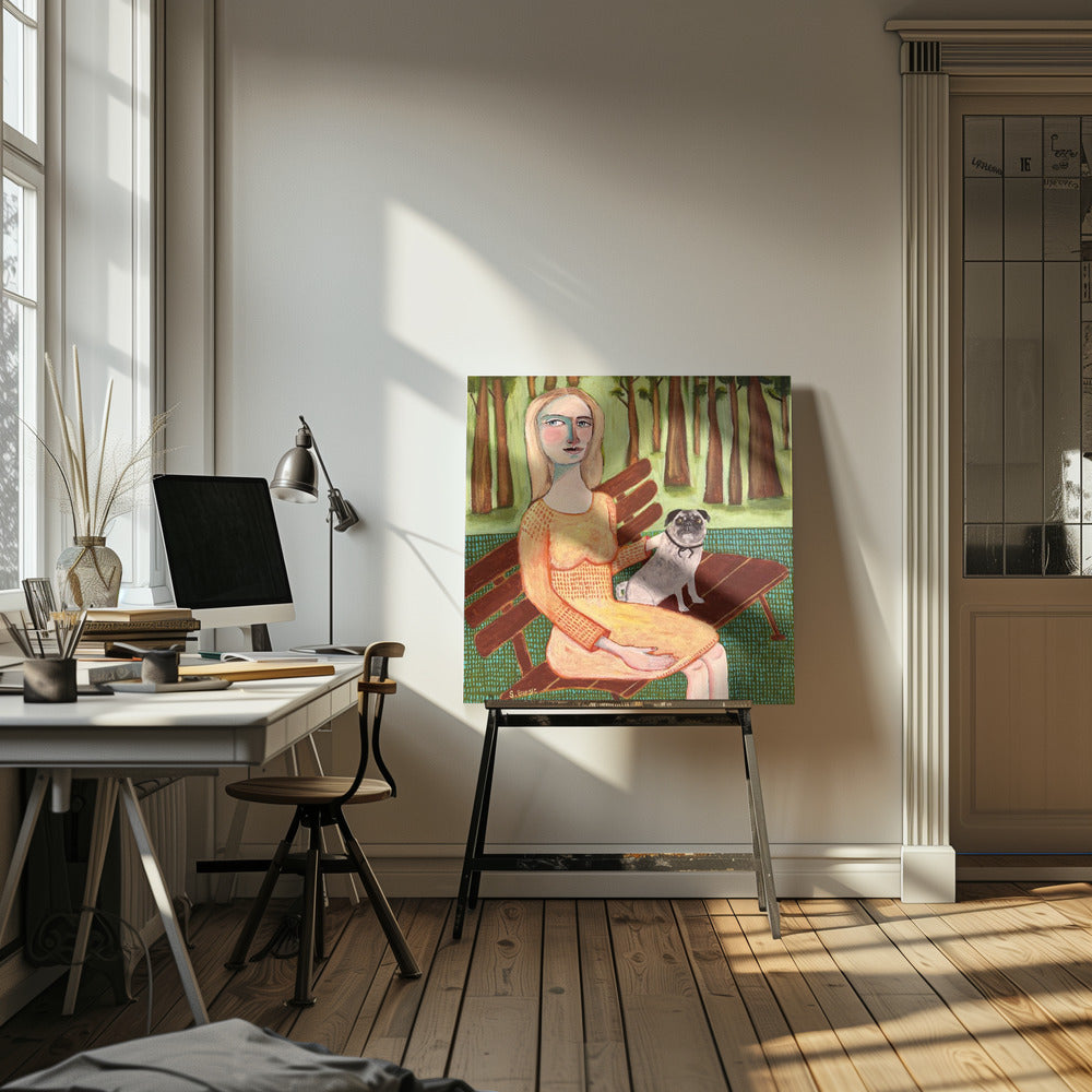 Dame met hond Mopshond | Canvas