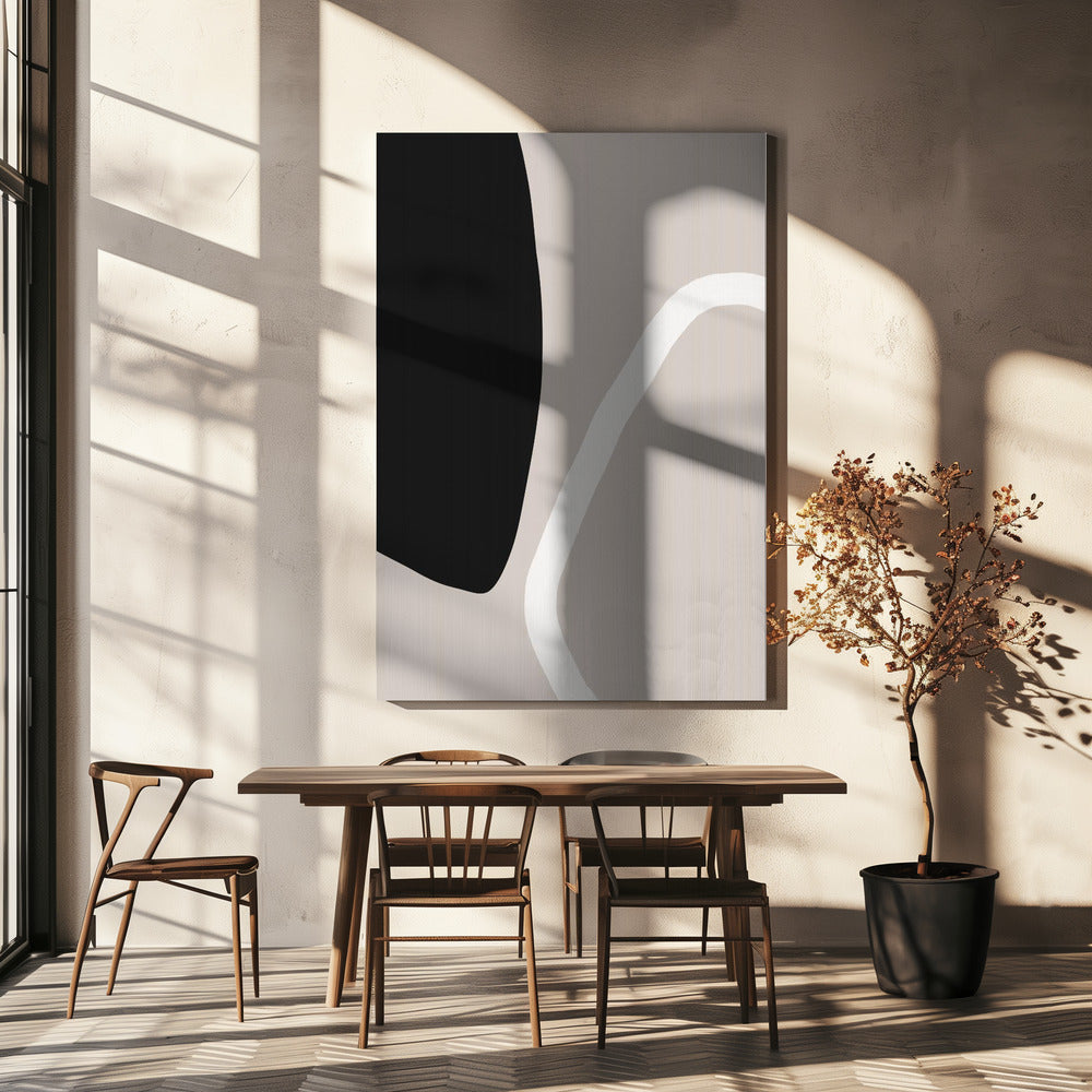 Stoere zwarte vormen en een witte lijn | Canvas