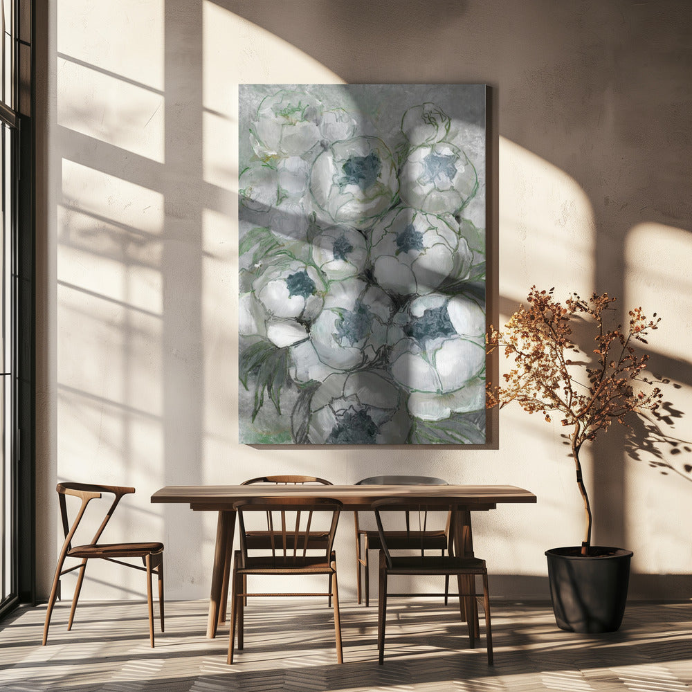 Nuria-boeket van pioenrozen in blauwgroen en groen | Canvas