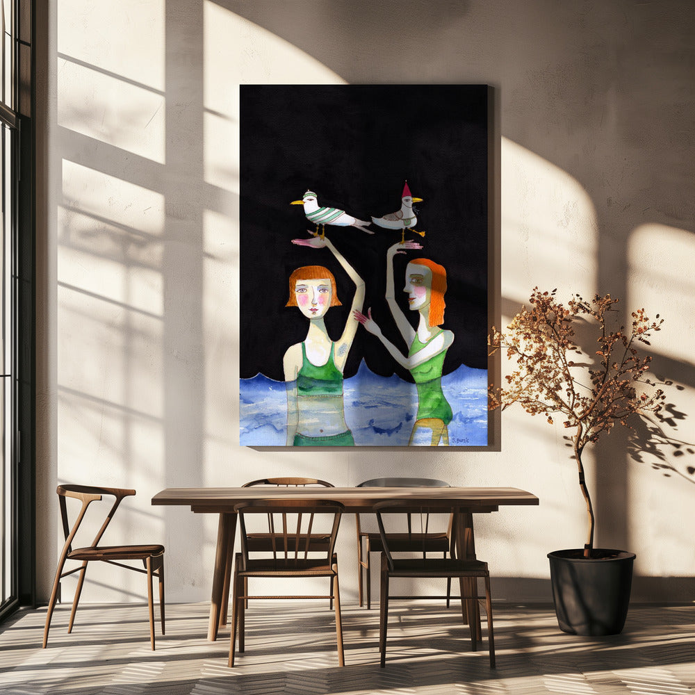 Beste vrienden zwemmen met vogels | Canvas