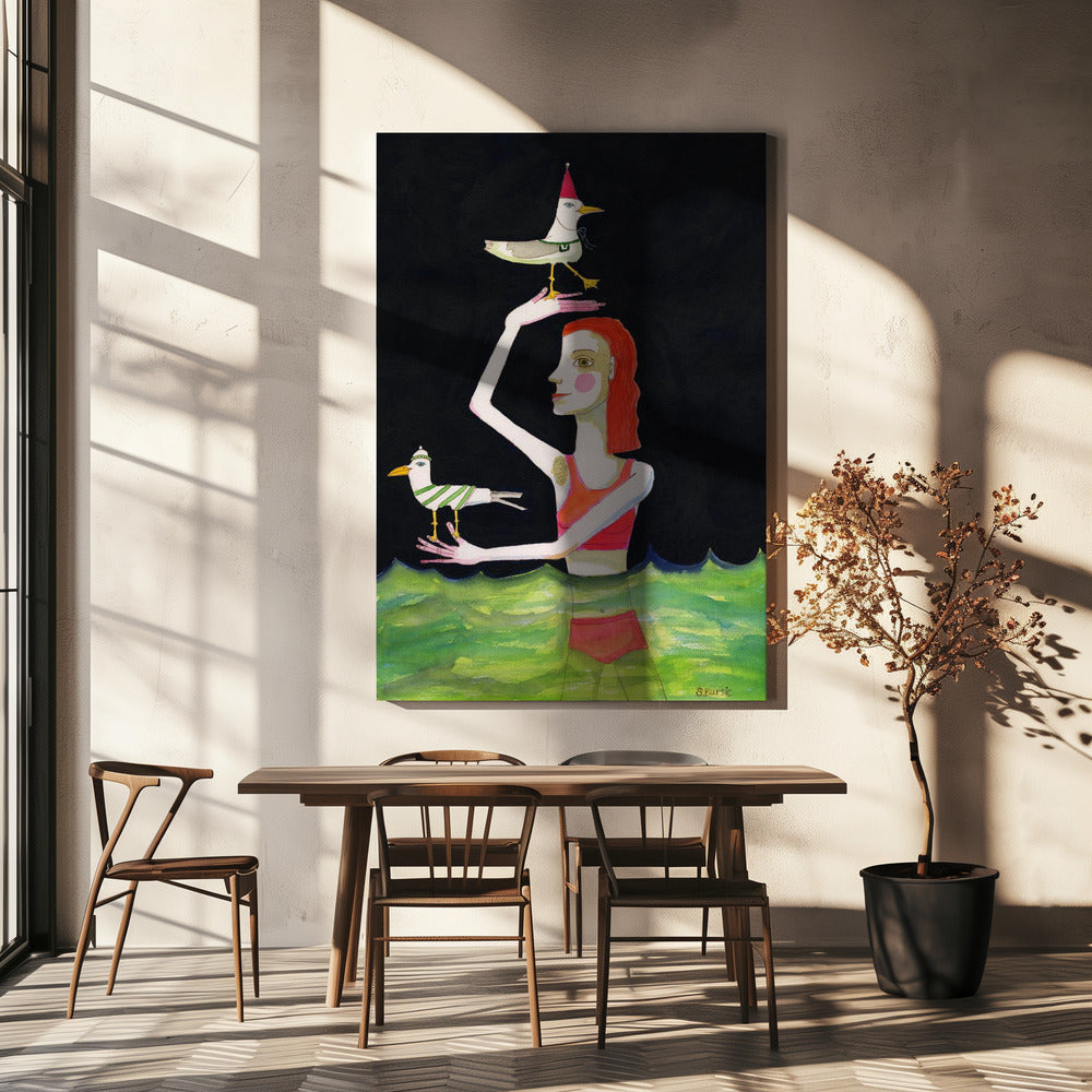 Swimming Lady with birds | Canvas