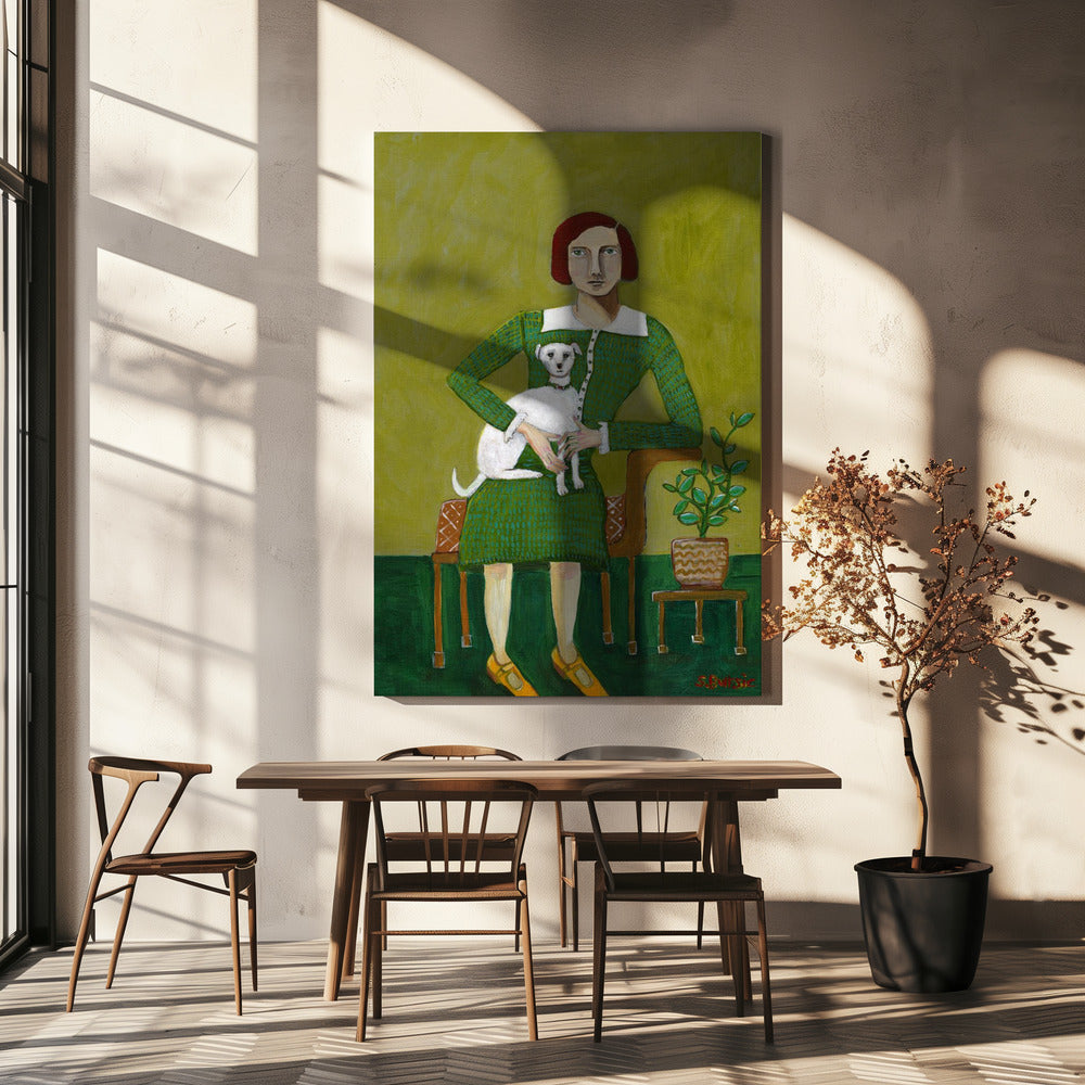 Vintage dame met haar witte hond | Canvas