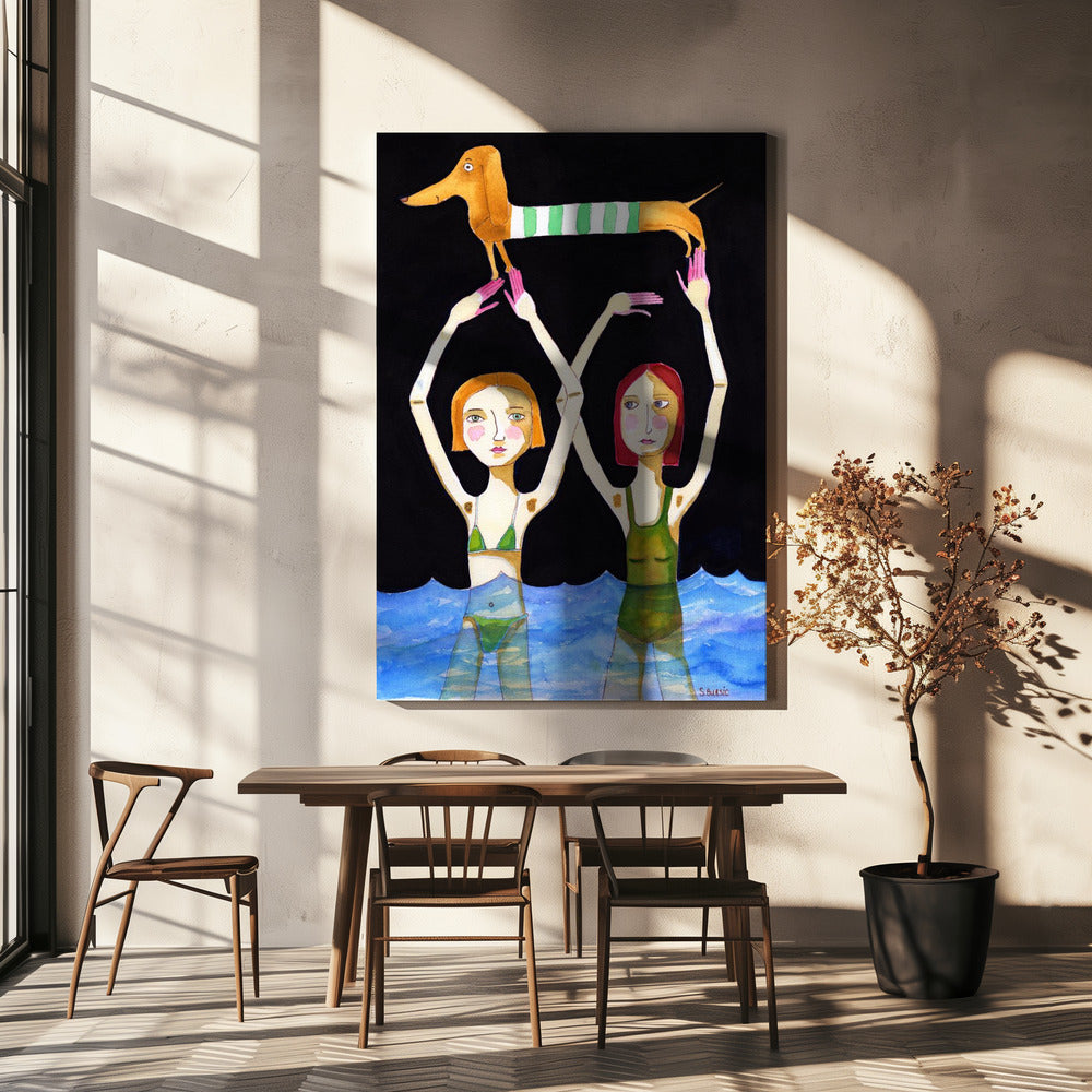 Zwemmende meisjes met teckel | Canvas