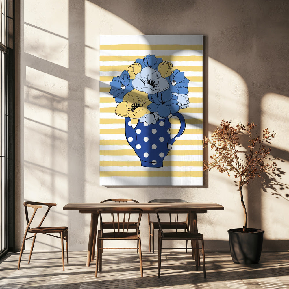 Blauwe en gele bloemen in een stippenvaas | Canvas