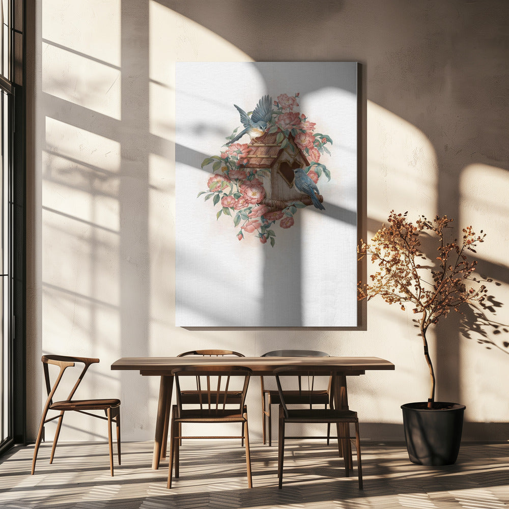Vogelhuisje en roos | Canvas