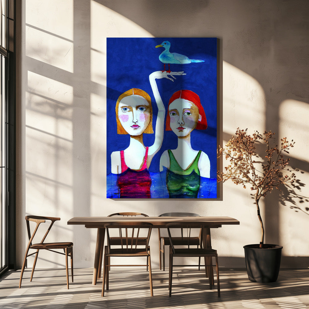Zwemmende dames met blauwe vogel | Canvas