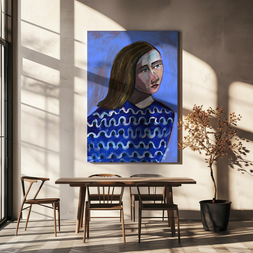 Vrouw in blauwe trui Naïef portret figuratief | Canvas